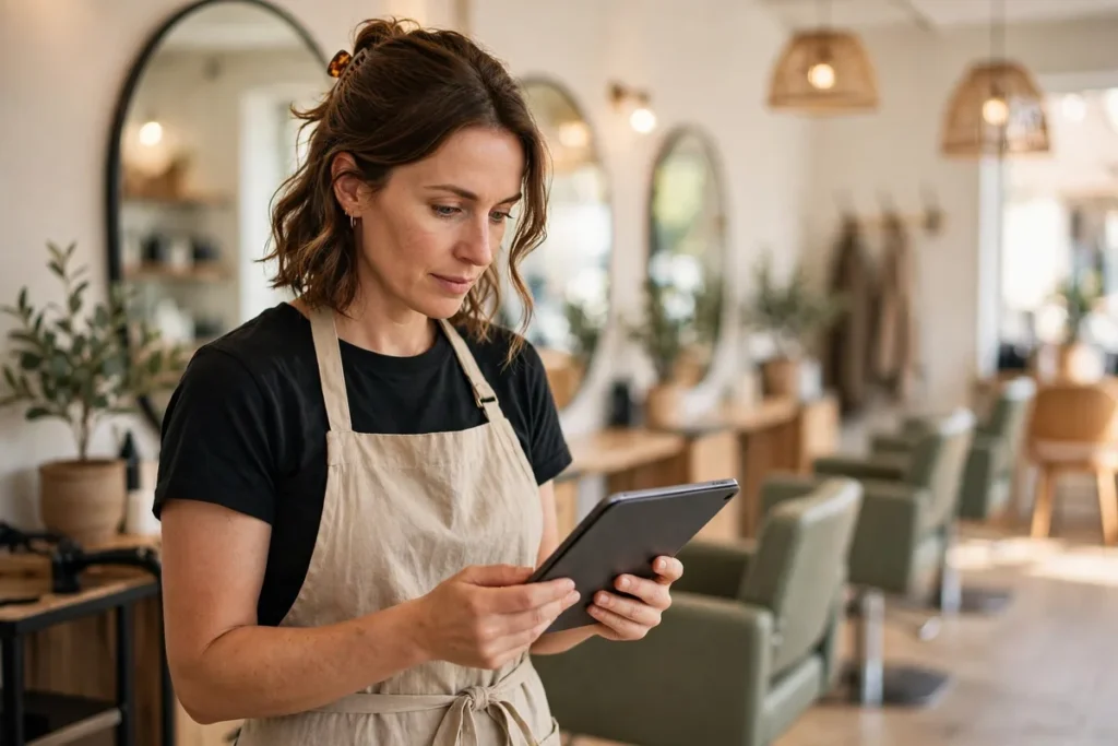 Salon owner checking her appointment diary on a tablet in a bright UK salon