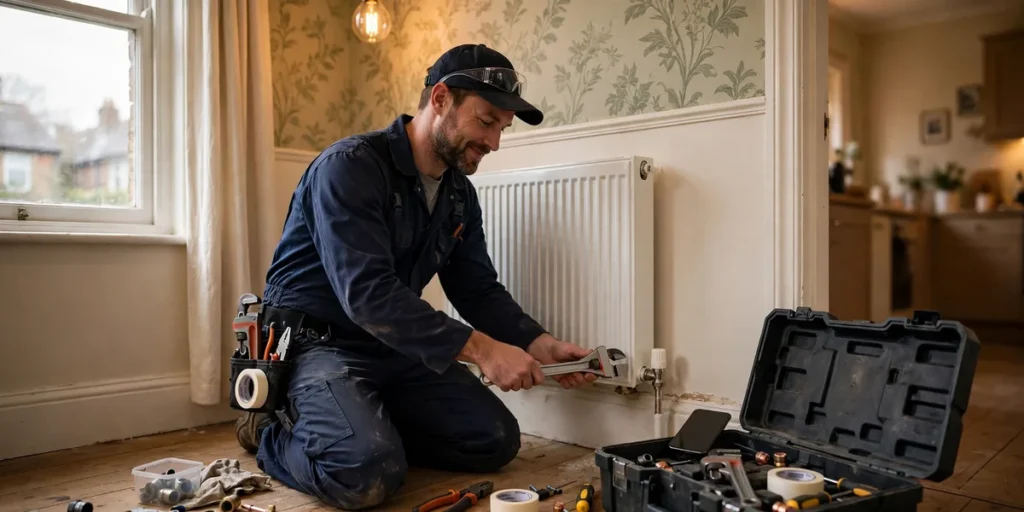 Plumber fitting a radiator while his phone rests on his toolbox