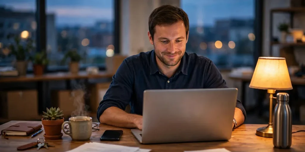 Business owner reviewing the day's call summaries on a laptop in the evening