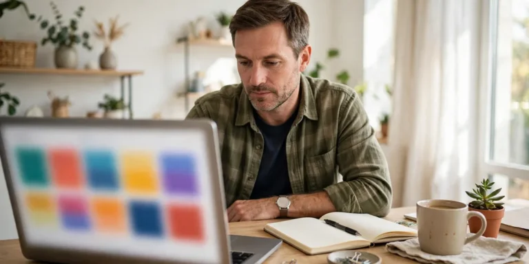Small business owner planning a content calendar on a laptop at his desk