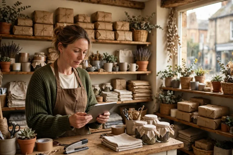 UK shop owner checking orders on a tablet in her gift shop