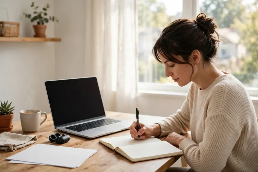 Small business owner writing notes beside a laptop at a bright desk