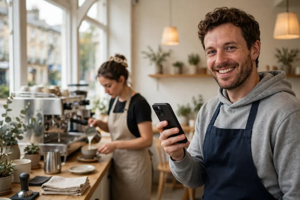 UK café owner smiling while holding a phone in his café, with a barista making coffee behind him