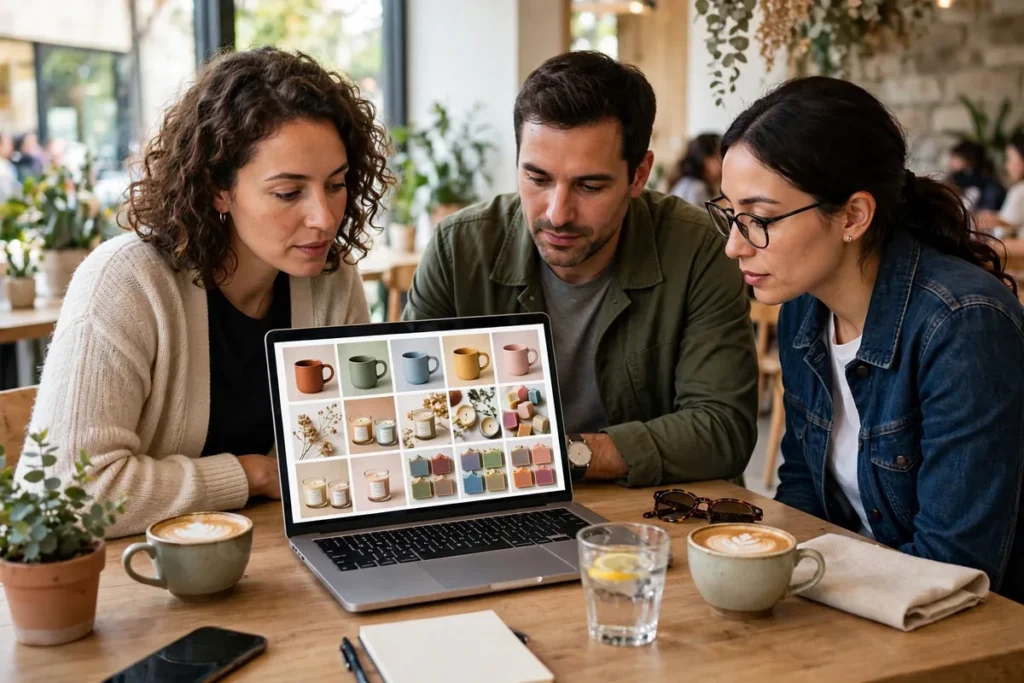 Three small business owners reviewing product photos on a laptop in a café