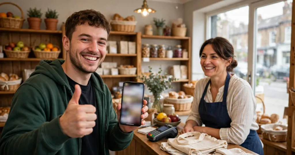Happy customer giving a thumbs up with his phone inside a local shop