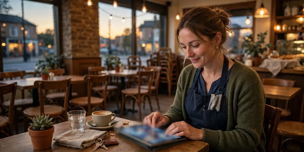 Café owner replying to a customer review on a tablet after closing