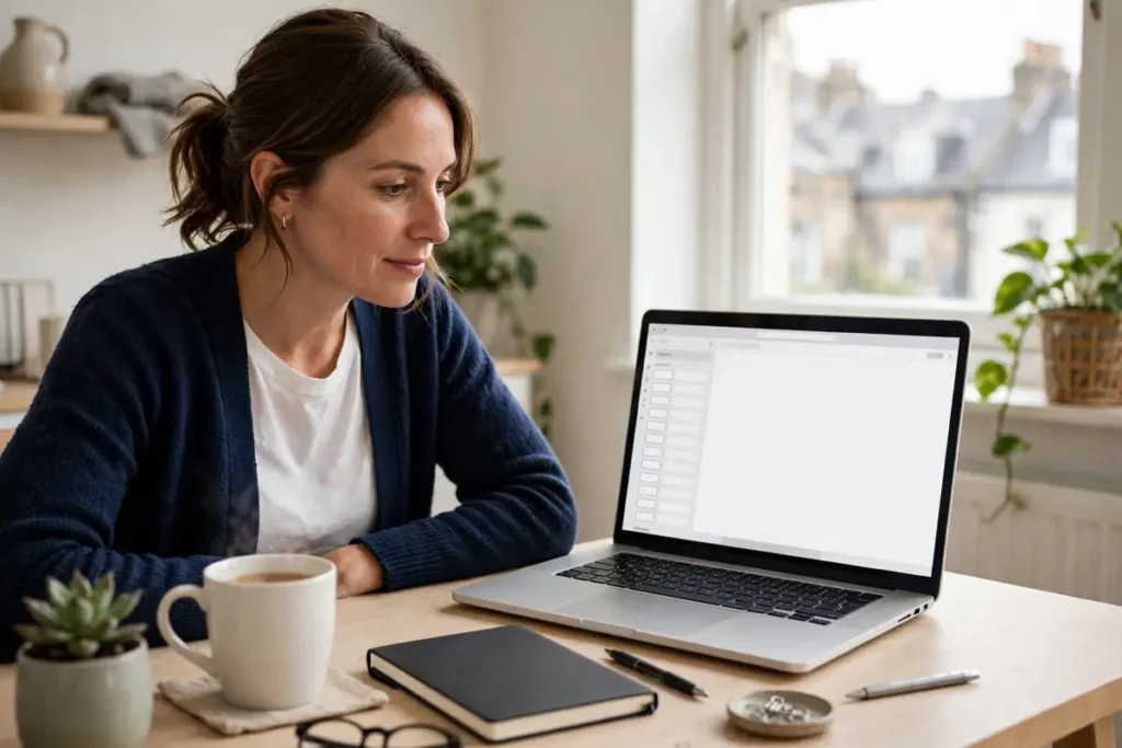 Small business owner checking email on a laptop in a bright home office