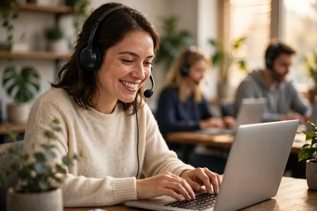 Support agent wearing a headset replying to customers on a laptop