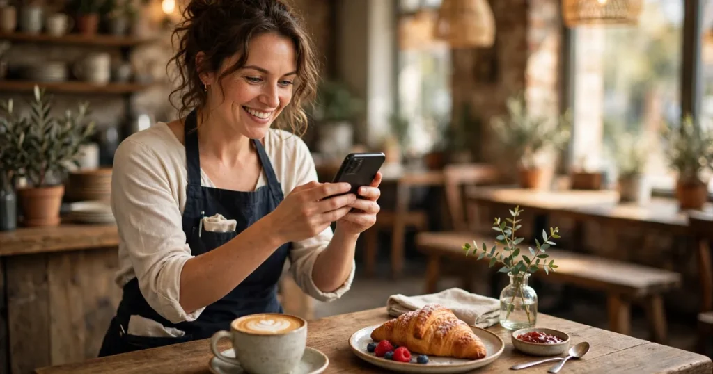 Café owner photographing coffee and a croissant with her smartphone for Instagram