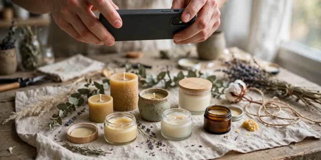 Hands photographing handmade candles with a smartphone for a product post