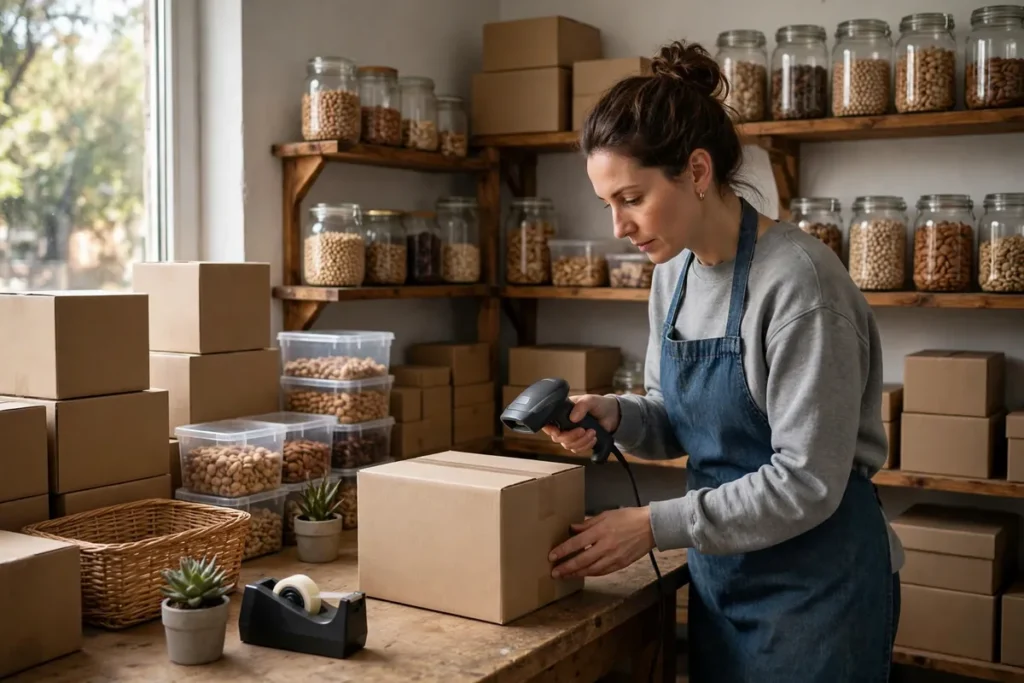 A shop owner scanning a barcode on a cardboard box in a stockroom.