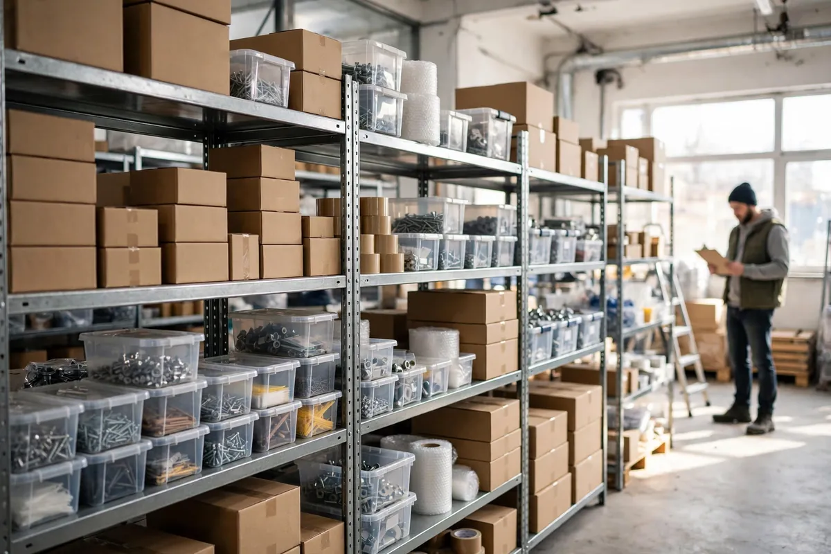 Neatly organised shelves of stock boxes in a small warehouse with a worker checking stock.