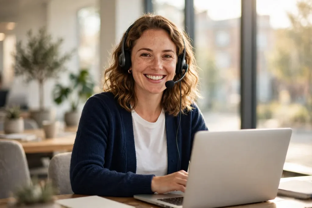 Support agent wearing a headset smiling at a laptop in a bright office