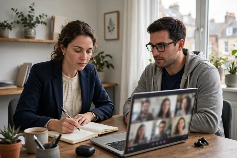 Small business owner reviewing automated meeting notes on a laptop