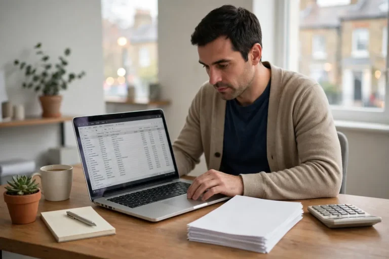 Small business owner reviewing payroll on a laptop