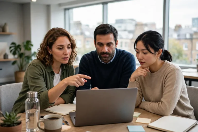Three colleagues learning together around a laptop in a bright office