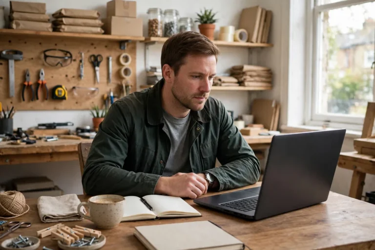 Small business owner reviewing automated tasks on a laptop in a workshop