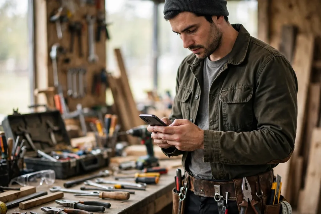 Small business owner checking automated task reminders on a phone in a workshop