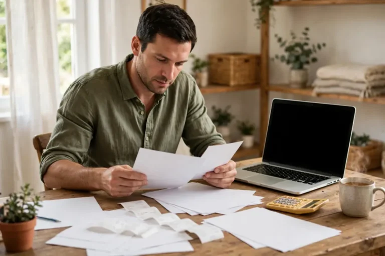 A small business owner reviewing paper invoices and receipts beside a laptop and calculator