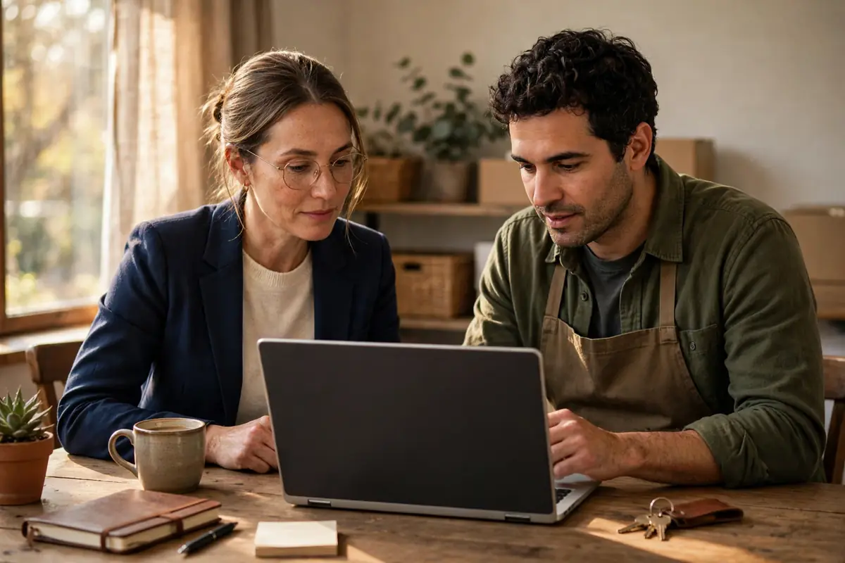 An accountant and a small shop owner discussing figures over a laptop at a wooden table