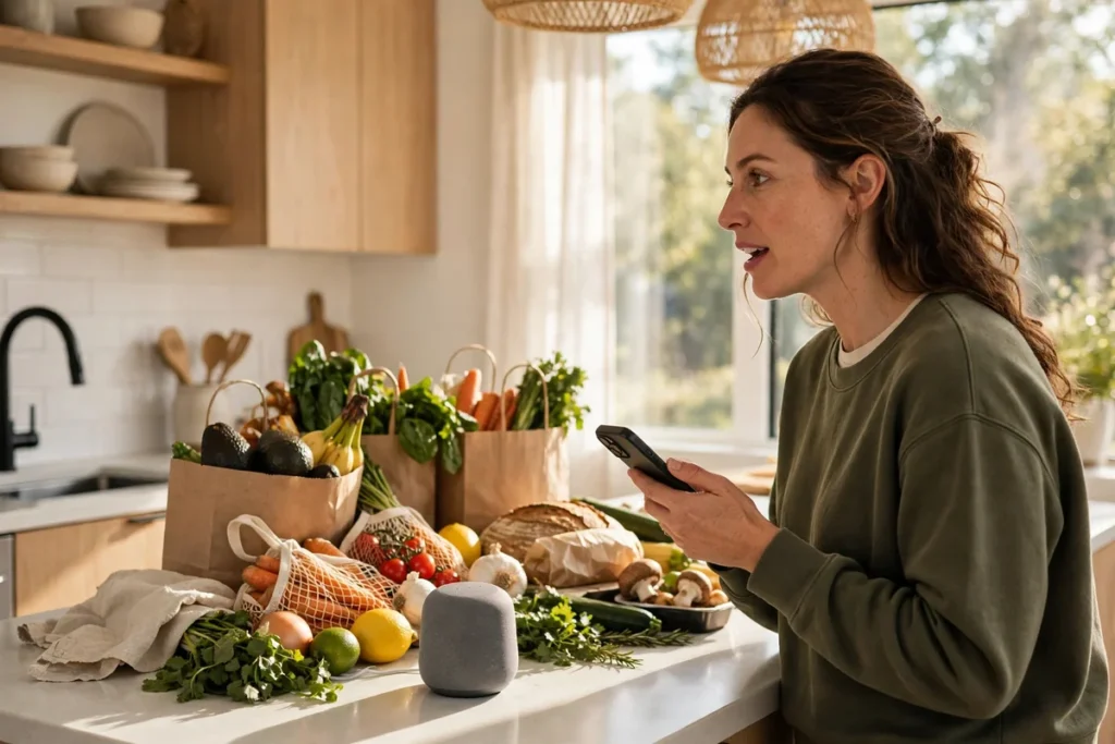 A person in a bright modern kitchen talking to a small smart speaker on the counter while holding a phone, with shopping bags and groceries nearby.
