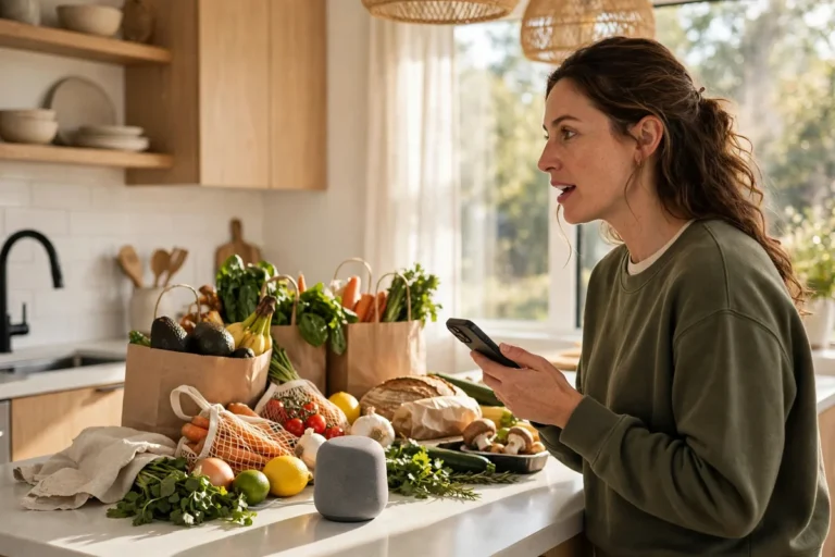 A person in a bright modern kitchen talking to a small smart speaker on the counter while holding a phone, with shopping bags and groceries nearby.