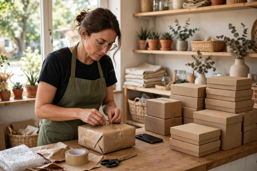 A small-business owner packing parcels at a bright shop counter with a phone nearby and neatly stacked delivery boxes.
