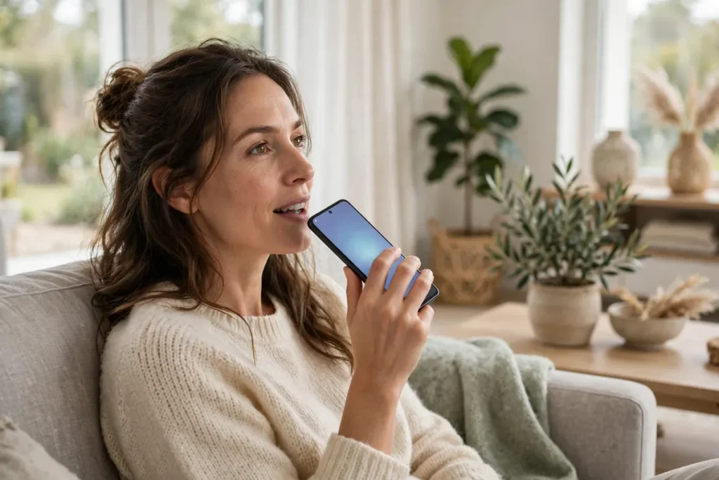 Woman speaking to a voice assistant on her smartphone at home
