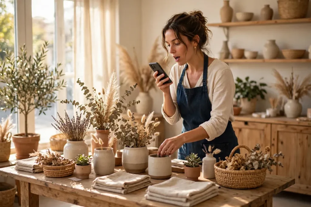 Small business owner using a voice assistant on her phone in her shop