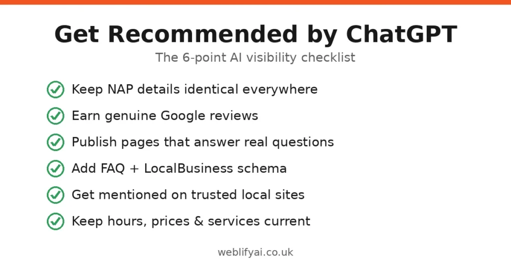 Checklist infographic for getting recommended by ChatGPT