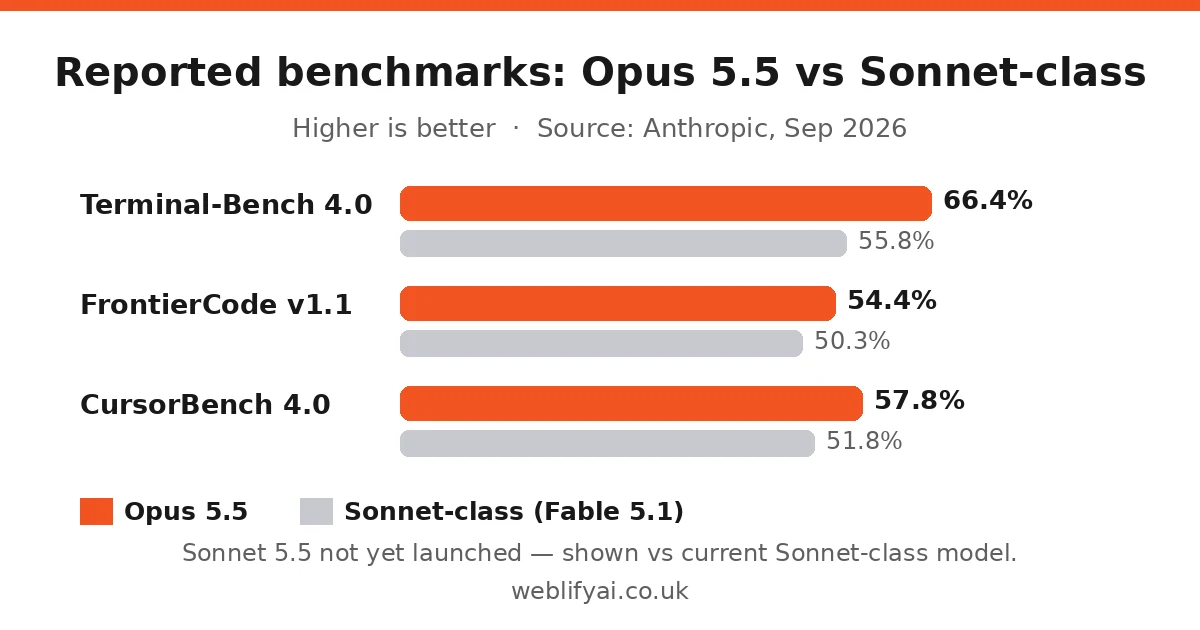 Reported benchmarks: Claude Opus 5.5 vs Sonnet-class model