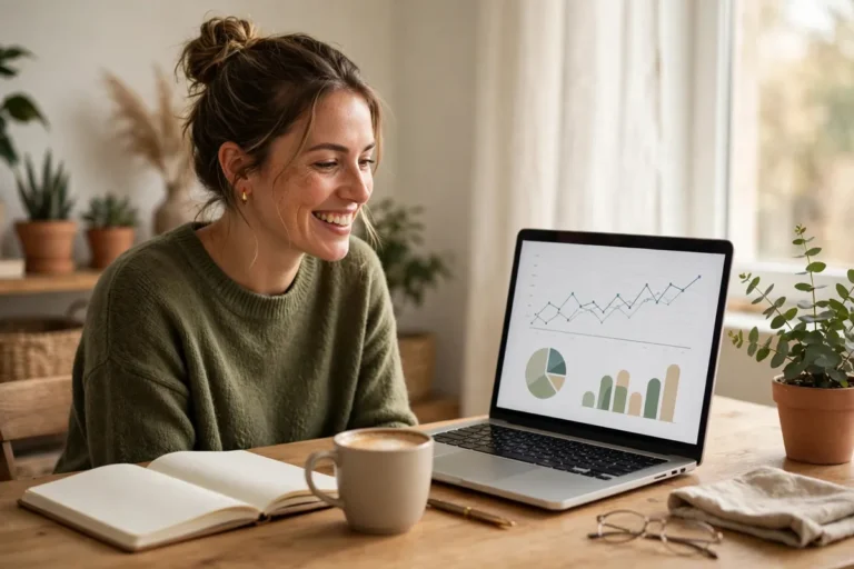A smiling solo business owner reviewing financial charts on a laptop at a bright home office desk.