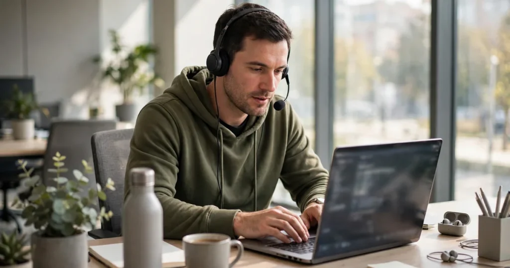 Software engineer wearing a headset working on a voice AI assistant at a laptop in a bright modern office.