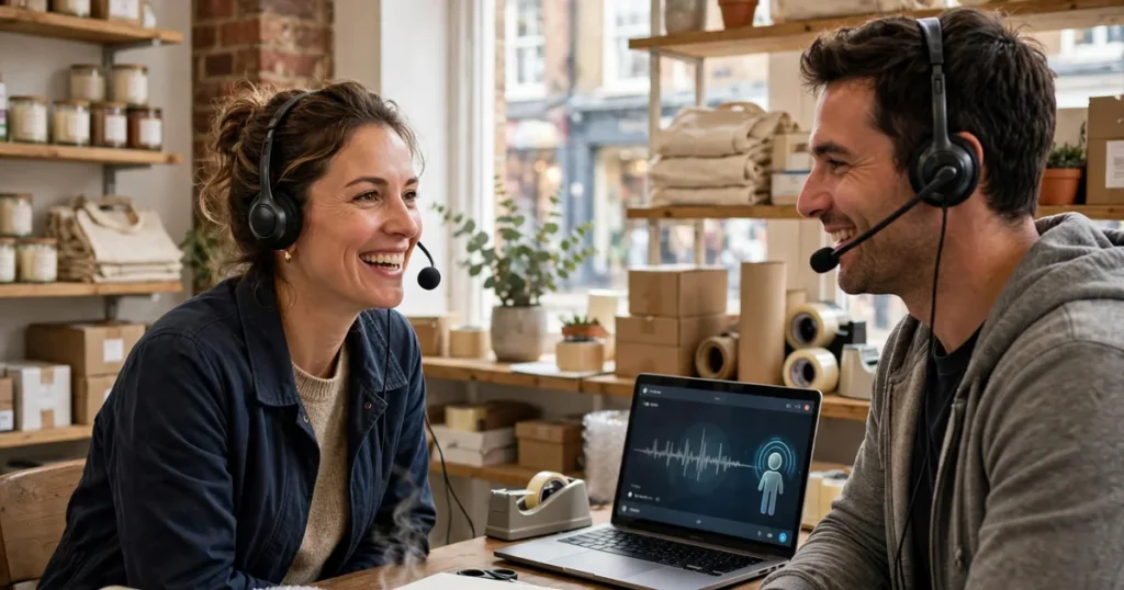Small business owner wearing a headset smiling during an AI-assisted phone call in a bright shop office