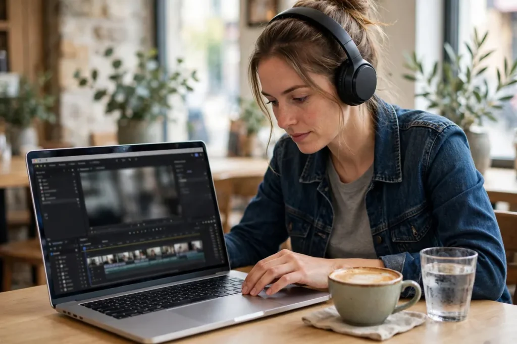 A small business owner wearing headphones editing video on a laptop in a café