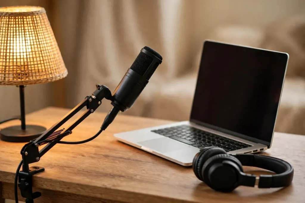 A microphone, headphones and laptop set up for recording video on a wooden desk
