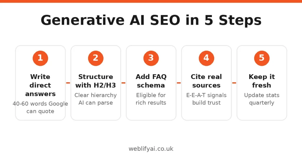 Five steps of generative AI SEO infographic