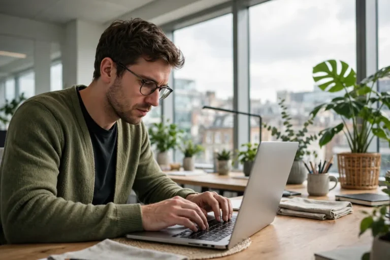 Man working on a laptop at a desk by a window