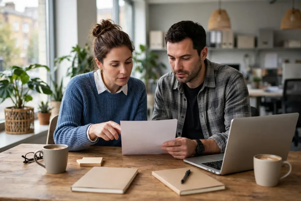 Two people working together on a laptop at a desk