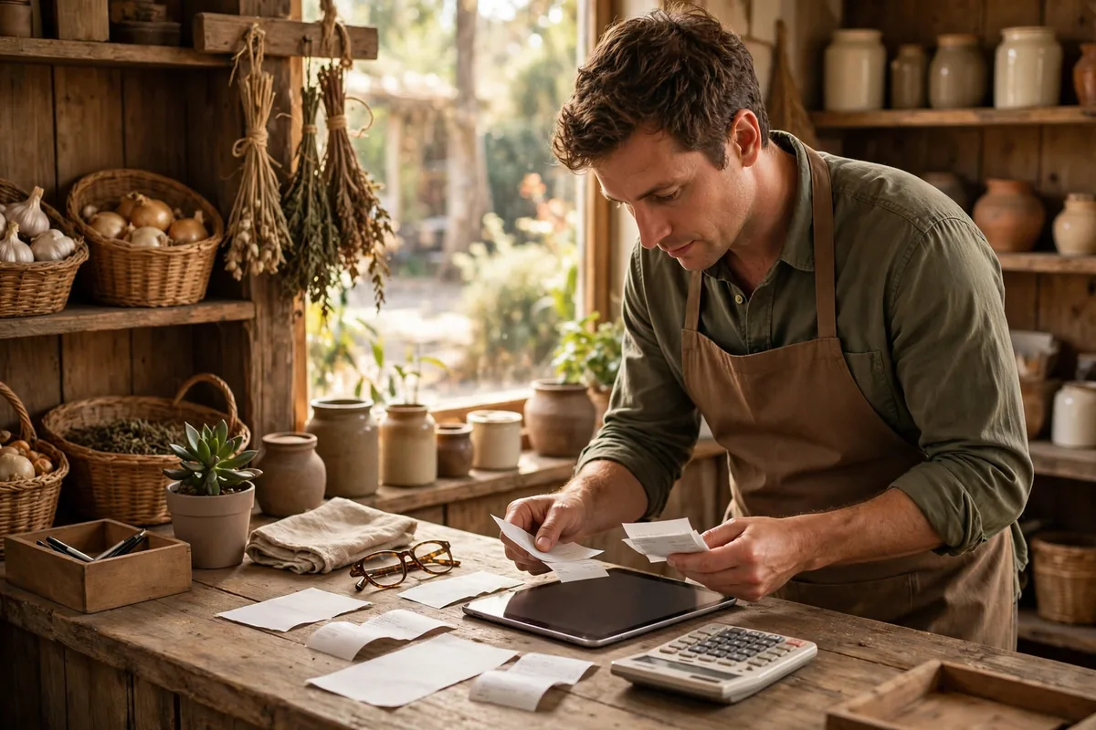 Shop owner checking paper receipts and a tablet at a wooden counter
