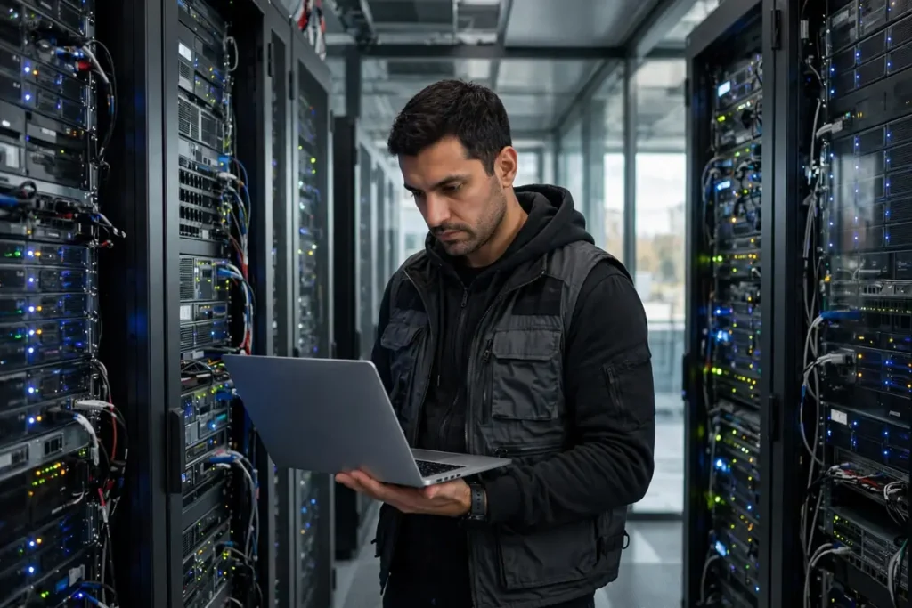 A cybersecurity engineer holding a laptop between server racks in a modern data centre
