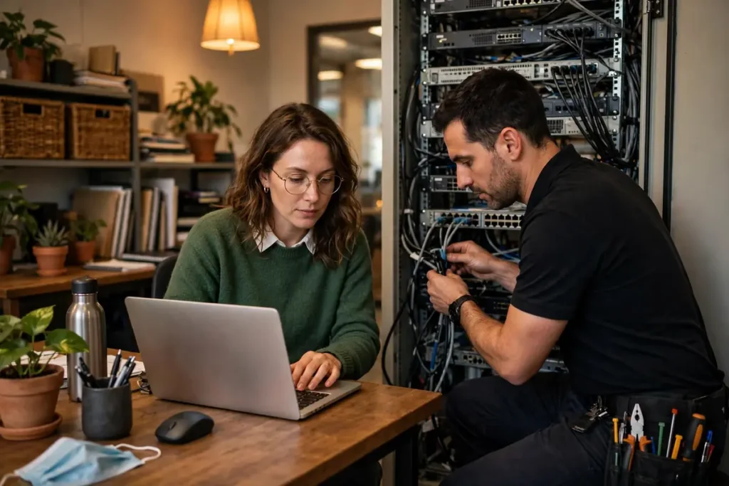 A small business owner and IT technician updating a small office server cabinet
