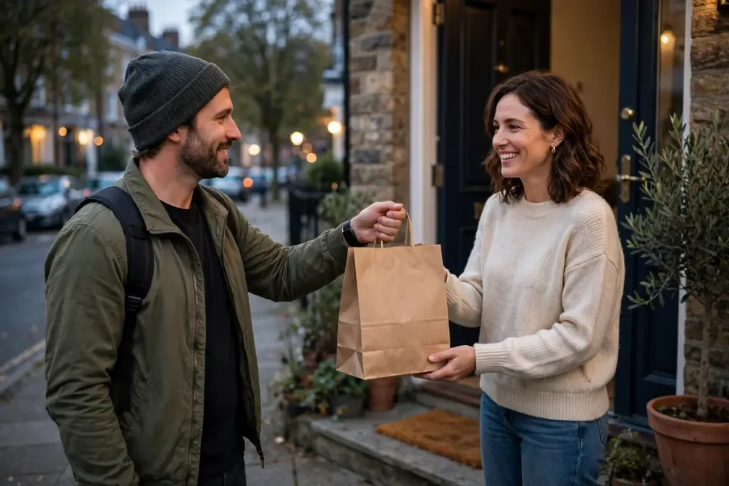A delivery courier handing a takeaway bag to a smiling customer at her front door