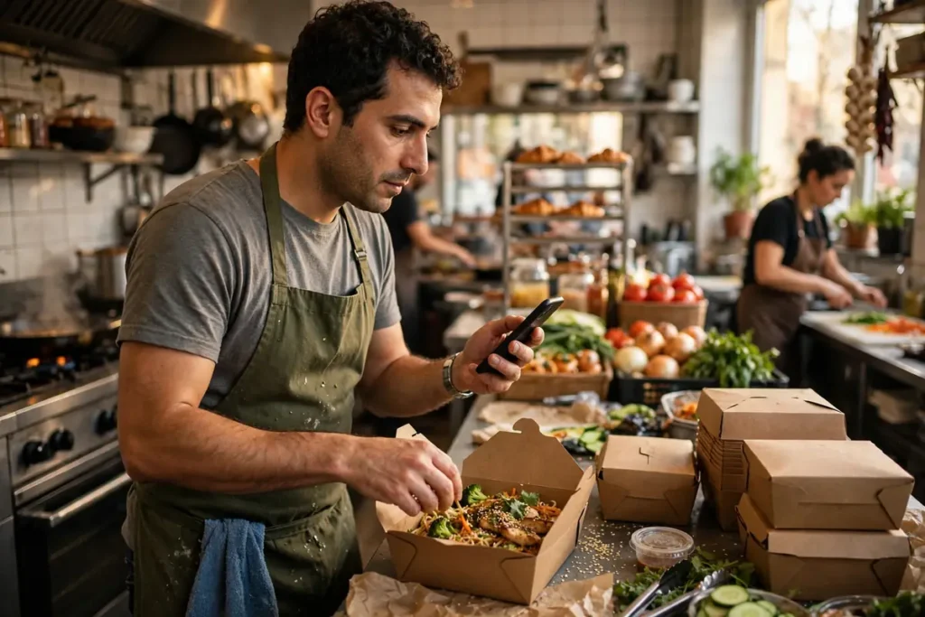 A restaurant owner checking his phone while packing takeaway food boxes in a busy kitchen
