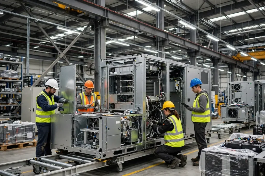 Engineers in hard hats assembling a modular data centre unit on a factory production line