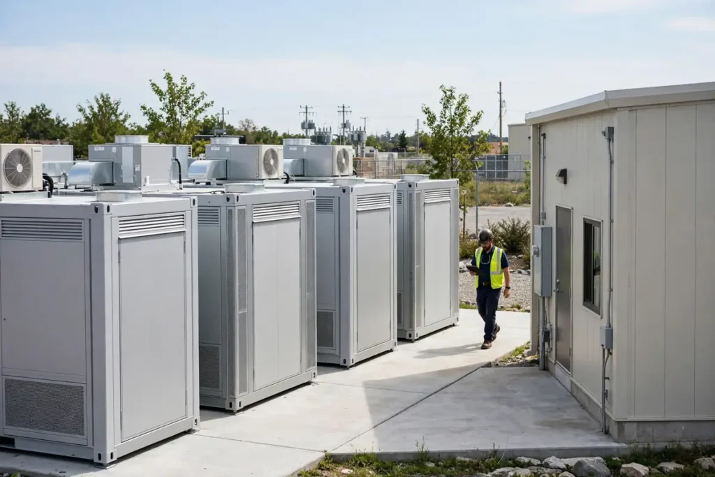 A technician walking past a row of modular data centre containers installed outdoors