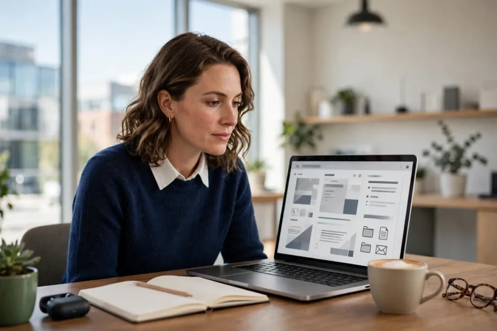 A UK small business owner working on a laptop in a bright modern office