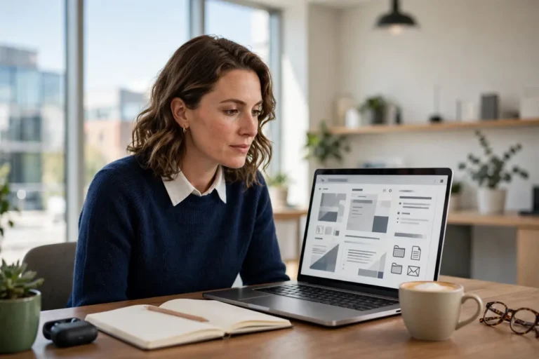 A UK small business owner working on a laptop in a bright modern office