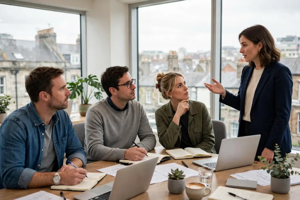 A small team meeting around a table with laptops in a bright office
