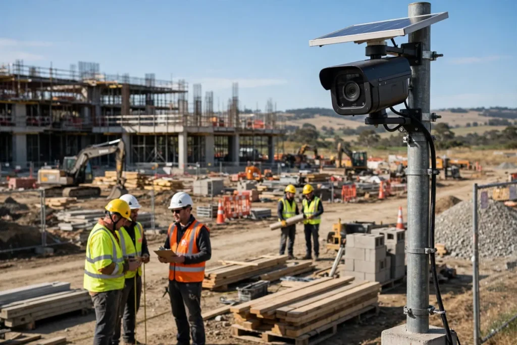 Construction workers in safety helmets and high-visibility vests on a building site with a site camera in the foreground